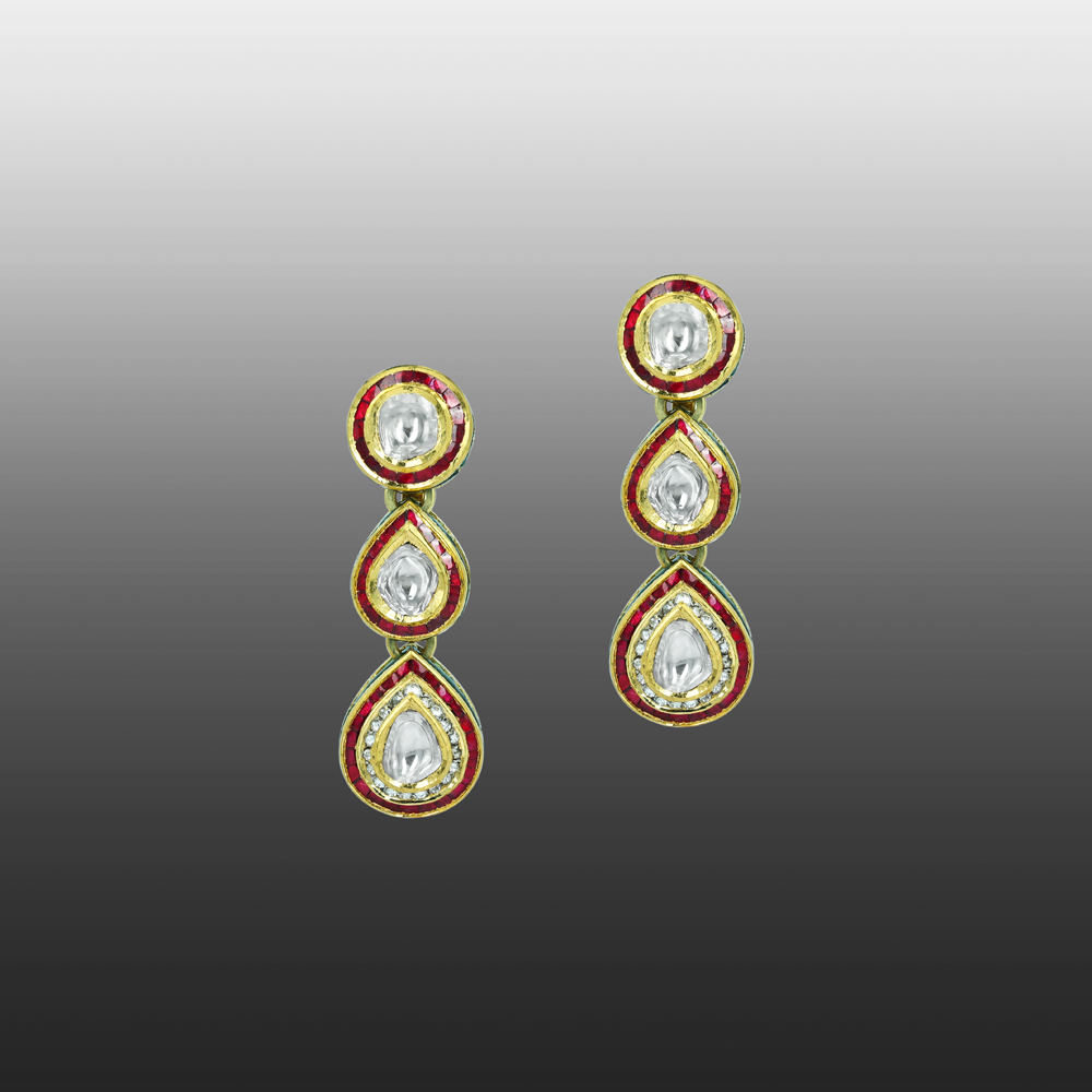 Polki Earrings with Red Stones, Green Enamel, and Teardrops